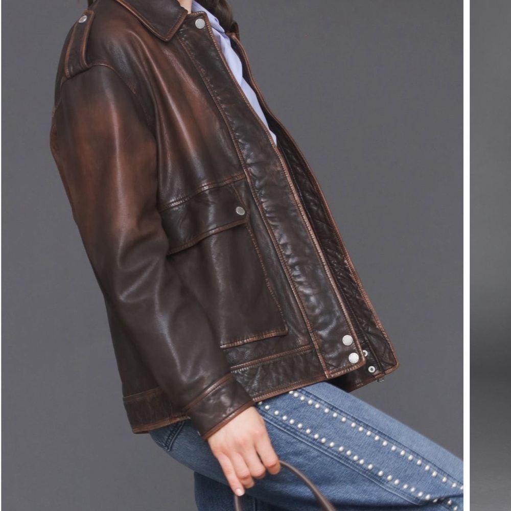 Avec Les Filles Burnished Brown Leather Bomber Jacket Oversized Large - Picture 3 of 12